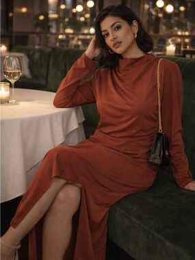 Elegant Rust Long Sleeve Dress